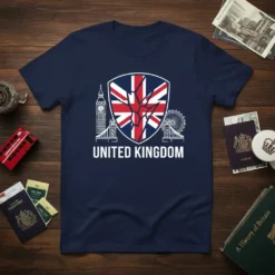 UNITED KINGDOM t-shirt design with Big Ben, Tower Bridge, and London Eye graphic, and Union Jack shield