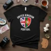 Black t-shirt featuring a shield with the United Kingdom and Portugal flags, text reads UNITED KINGDOM PORTUGAL