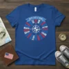 United States of America map design with compass and state names on a blue t-shirt