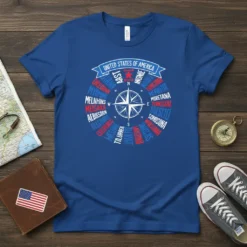 United States of America map design with compass and state names on a blue t-shirt