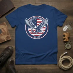 United States Of America Est 1776 patriotic t-shirt with eagle and American flag design