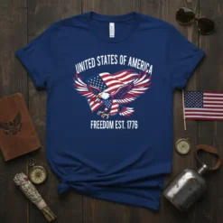 United States of America Freedom Est. 1776 t-shirt with an eagle and American flag design