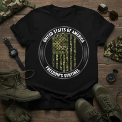 United States Of America Freedom's Sentinel t-shirt with camouflage American flag design