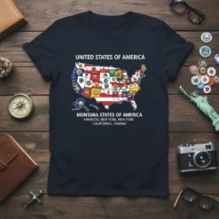 United States of America map t-shirt with state flags and names, including Montana, Minnesota, New York, and California
