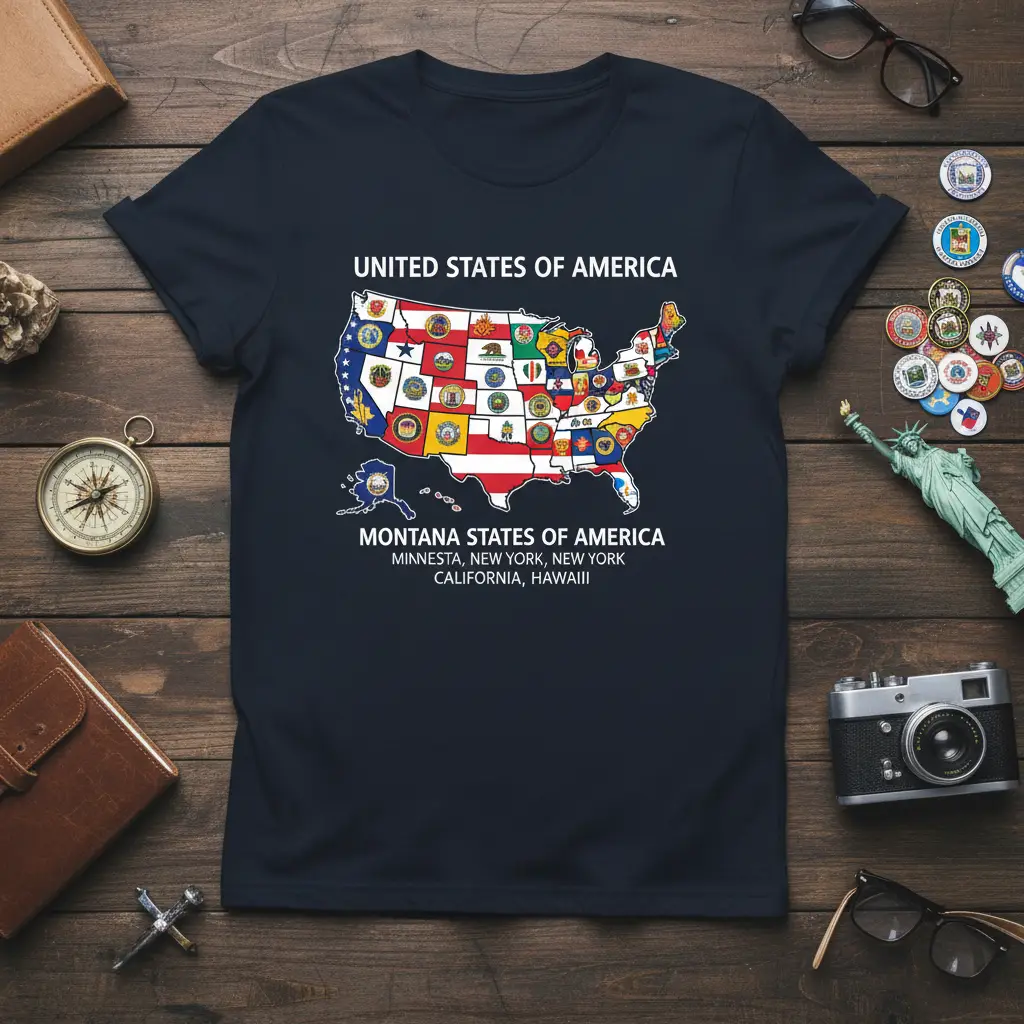 Detailed United States of America map t-shirt design featuring state flags and names like Montana, Minnesota, and New York