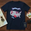 United States of America map t-shirt design with all states labeled and dotted travel lines, navy blue shirt