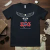 Eagle with wings spread over USA text and United States of Amnesia quote on a navy t-shirt