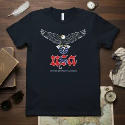 Eagle with wings spread over USA text and United States of Amnesia quote on a navy t-shirt
