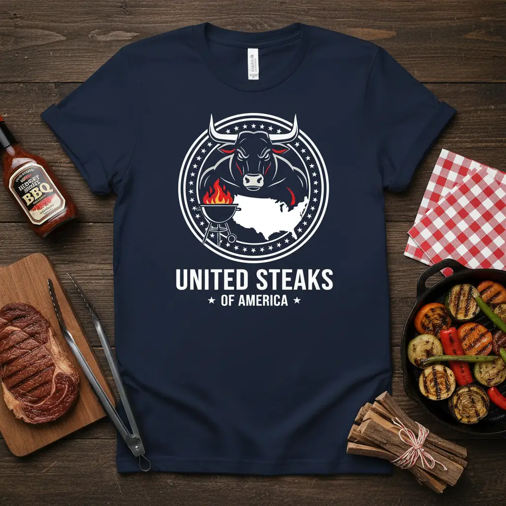 United Steaks of America text and bull graphic on a t-shirt, representing American BBQ culture