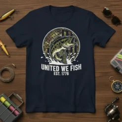 United We Fish Est. 1776 t-shirt with bass jumping out of water, camouflage US flag background