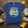United We Quack t-shirt design with four cartoon ducks walking in a line, wearing hats, in a circle graphic