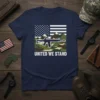 UNITED WE STAND t-shirt design with American flag, rifle, and mountains graphic