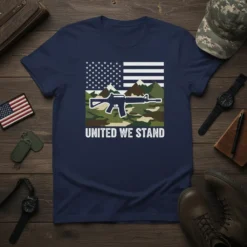 UNITED WE STAND t-shirt design with American flag, rifle, and mountains graphic