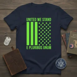 Navy t-shirt with neon green "UNITED WE STAND E PLURIBUS UNUM" text and a stylized American flag design