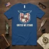 United We Stand T-Shirt with eagle and clasped hands graphic, symbolizing American unity and patriotism