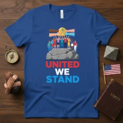 United We Stand t-shirt design with diverse people standing on a rock, diverse hands holding a fist symbol above