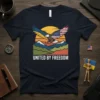 United By Freedom t-shirt with an eagle and American flag wings over mountains and sunset