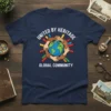 United By Heritage Global Community text with hands holding the earth graphic on a navy t-shirt