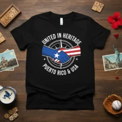 T-shirt design featuring "United in Heritage Puerto Rico & USA" text with a handshake between Puerto Rican and US flags