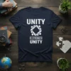 Navy blue t-shirt with white text reading "UNITY IS STRENGTH UNITY" and a circular graphic of people holding hands