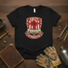 T-shirt with "Unity Strength" text, a red fist symbol, and a line of people figures, representing labor and union power