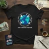 Unity Through Language t-shirt with doves and multilingual love terms around a graphic of the Earth