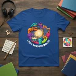 Unity Through Melody text design with colorful hands playing violin, harp, and drum, set against a bright sun graphic