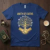 Unity of Faiths t-shirt design with a golden tree of life and religious symbols, showing interfaith harmony