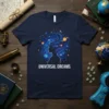 Universal Dreams T-Shirt featuring a silhouette profile within a vibrant galaxy, planets, and stars