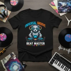 Black t-shirt with "UNIVERSAL GROOVE BEAT MASTER" text and a robot bear DJ graphic