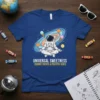 Astronaut meditating in space with ice cream cones, planets, and galaxy swirl, text "Universal Sweetness Cosmic Treats & Positive Vibes"