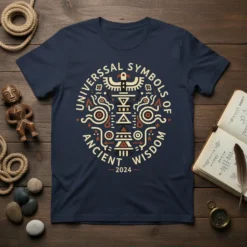Navy t-shirt featuring a circular design with the text UNIVERSAL SYMBOLS OF ANCIENT WISDOM 2024 and intricate geometric symbols