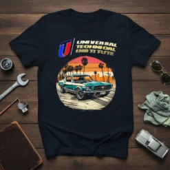 Universal Technical Institute text logo above a classic teal Mustang in a circular sunset graphic with palm trees and city