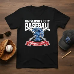 University City Baseball T-Shirt with a Spartan helmet graphic and crossed baseball bats. Features "University City Baseball" text