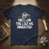Unlearn The Lies We Inherited quote t-shirt design with cracked lock graphic and eye