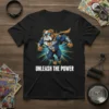 Unleash The Power text on a t-shirt with a superhero bulldog graphic in comic book style