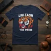 Unleash The Pride t-shirt featuring a roaring tiger surrounded by flames, with bold white text above and below