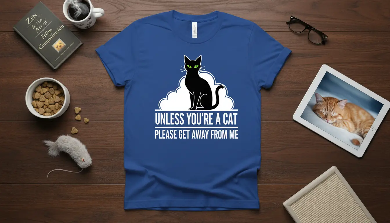 Unless You're A Cat Please Get Away From Me quote on a blue t-shirt featuring a black cat graphic