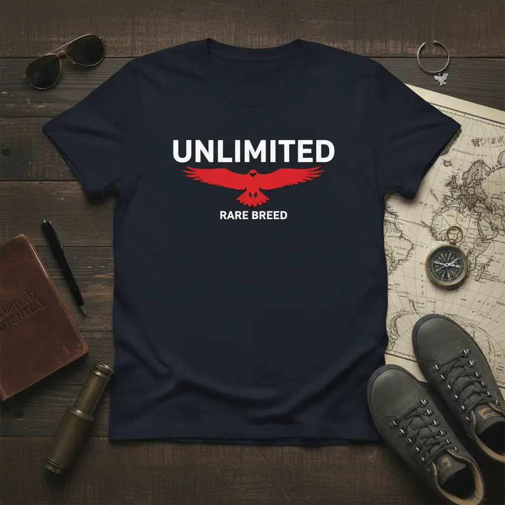 Unlimited Rare Breed text with red eagle graphic on navy blue t-shirt design