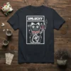 Unlucky Maneki Neko Skeleton Cat T-Shirt design featuring a gothic skeleton cat holding a smoking cigarette and a Japanese character