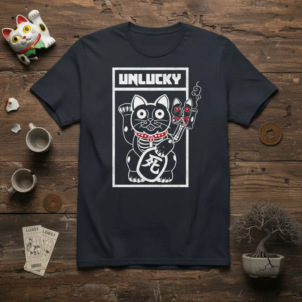 Gothic Unlucky Maneki Neko Skeleton Cat T-Shirt design with bold white lines and red accents, featuring a skeleton cat holding a cigarette