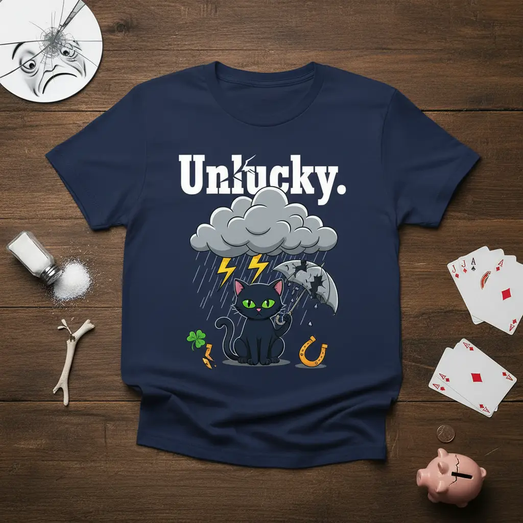 Unlucky. quote on a t-shirt with a black cat, rain cloud, broken umbrella, and lucky charms