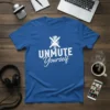 Blue t-shirt with white text "UNMUTE Yourself" and a crossed-out microphone graphic