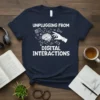 Unplugging From Digital Interactions T-Shirt featuring a brain graphic with surrounding digital icons and text