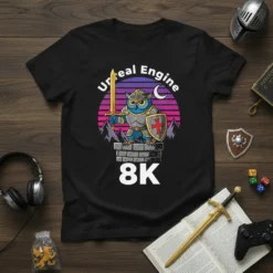 Unreal Engine 8K Knight Owl T-Shirt design featuring a blue owl in armor holding a sword and shield, with mountains