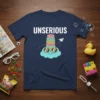 Navy t-shirt with the word UNSERIOUS in white, and a stacked donut graphic on a cloud with sunglasses and a