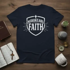 Navy t-shirt with white text reading "Unshakeable Faith" inside a shield graphic, with a cross at the top