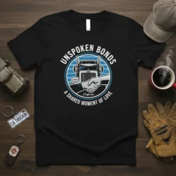 Trucker t-shirt design featuring text "UNSPOKEN BONDS A SHARED MOMENT OF LOVE" and a graphic of a handshake in front