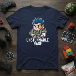 Unstunnable Rage text with a cartoon soldier holding a rifle on a navy blue t-shirt