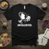 Black t-shirt with "UNTALENTED." text and a white graphic of a broken trophy with a sad character inside